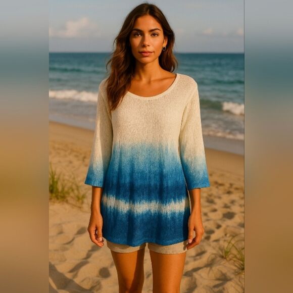 New Indigo Soul Ombre Knit Top M Sheer Ivory Blue Dip Dye Tunic 3/4 Sleeve Boho - Picture 1 of 8